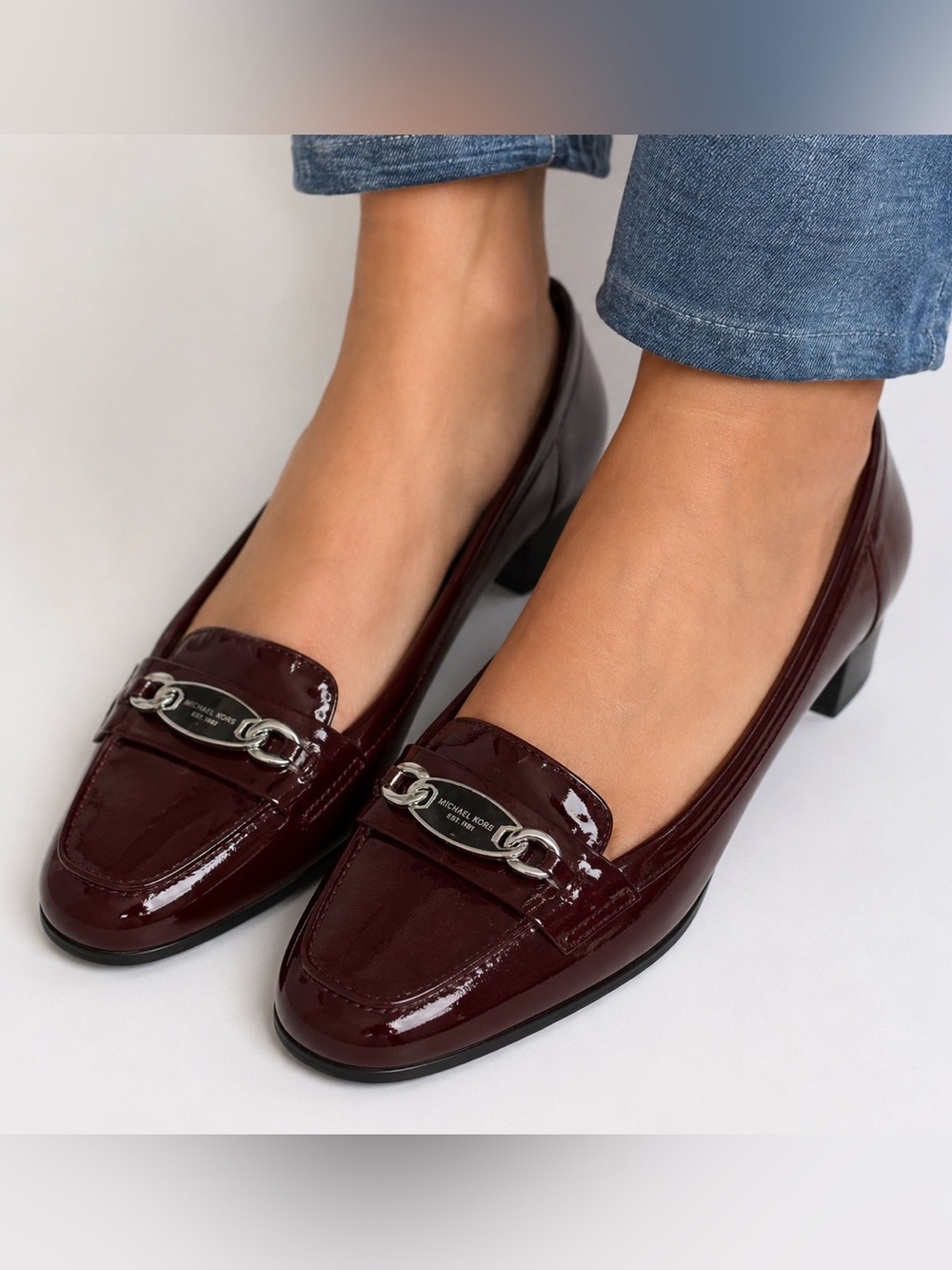 MICHAEL Michael Kors Women's Burgundy Patent Loafers with Silver Chain
